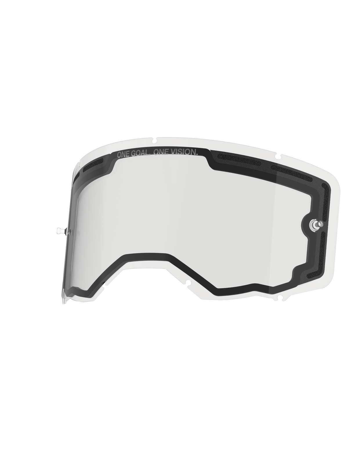 Alpinestars Vision 8-5-3 Lens Dual Pane, lente di ricambio trasparente per maschera, con costruzione a doppio strato e ventilazione in schiuma, perni tear-off integrati, sistema di bloccaggio a sette fori e scritta "ONE GOAL. ONE VISION." stampata sul bordo superiore