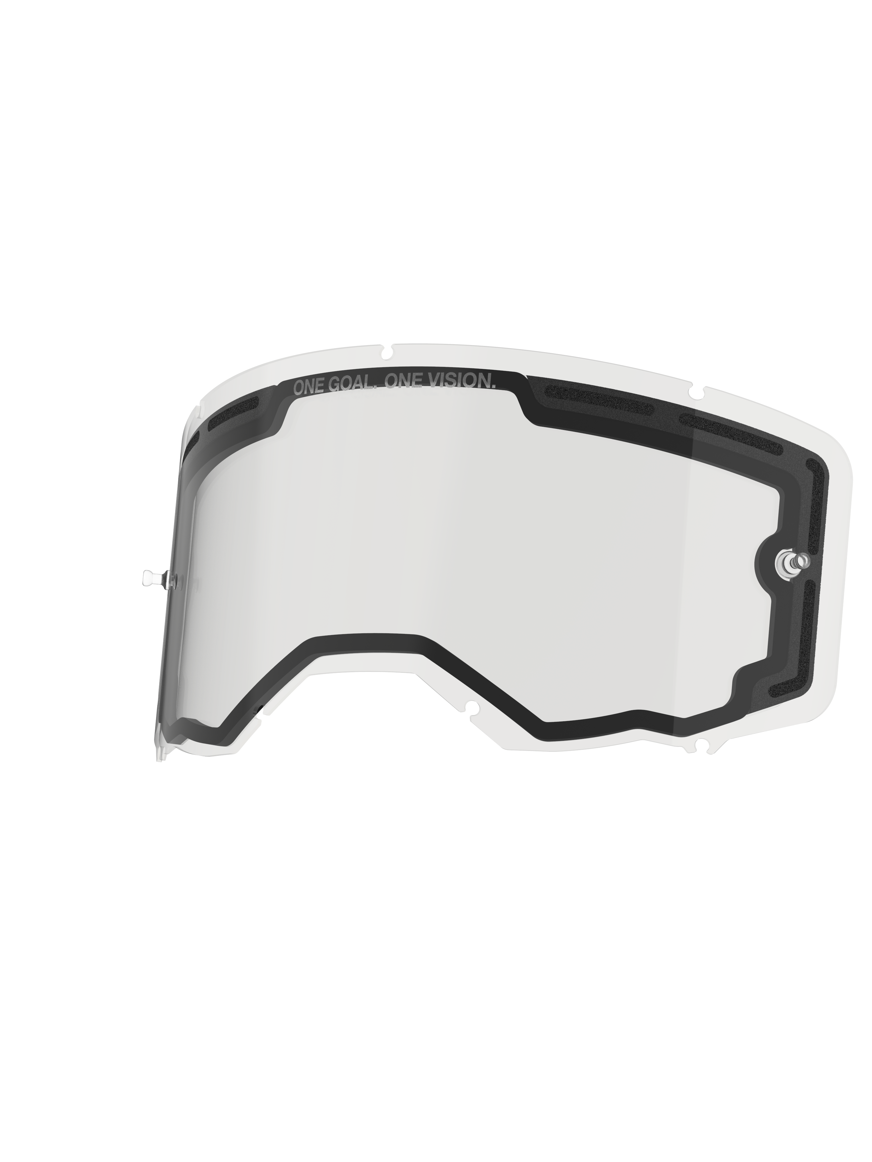 Alpinestars Vision 8-5-3 Lens Dual Pane, lente di ricambio trasparente per maschera, con costruzione a doppio strato e ventilazione in schiuma, perni tear-off integrati, sistema di bloccaggio a sette fori e scritta "ONE GOAL. ONE VISION." stampata sul bordo superiore