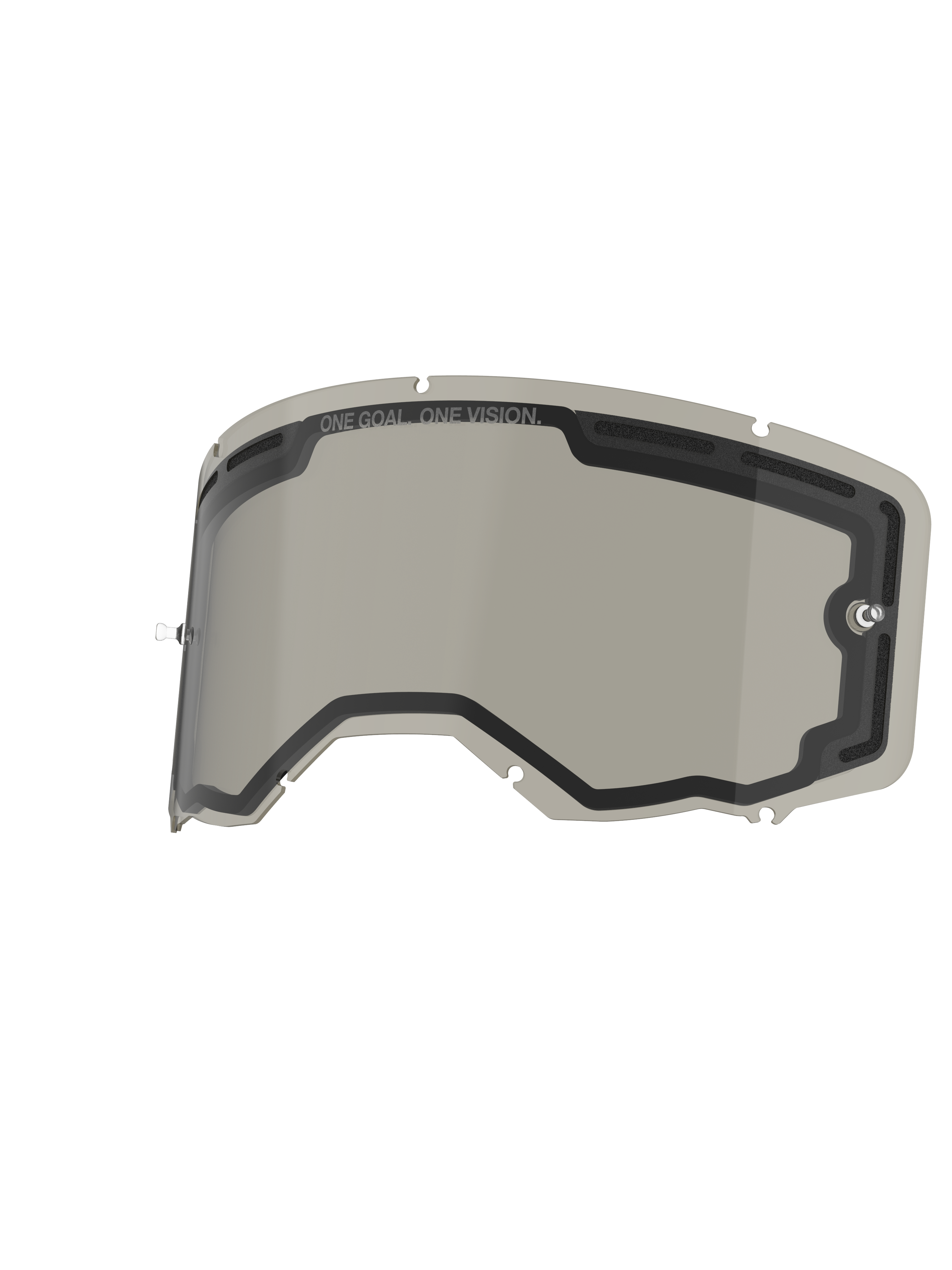 Lente Alpinestars Vision 8-5-3 Dual Pane, colore Smoke, lente di ricambio per maschera con costruzione a doppia lente ventilata, supporti tear-off integrati e scritta 'ONE GOAL. ONE VISION.', progettata per il motocross e la guida off-road