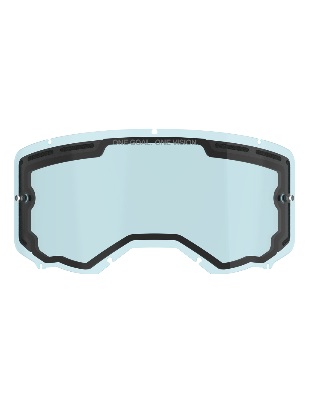 Lente Alpinestars Vision 8-5-3 Dual Pane, lente di ricambio per maschera con tonalità azzurro chiaro, guarnizione interna nera con branding "ONE GOAL. ONE VISION.", supporti laterali per tear-off, design curvo con ventilazione superiore per motocross e guida off-road
