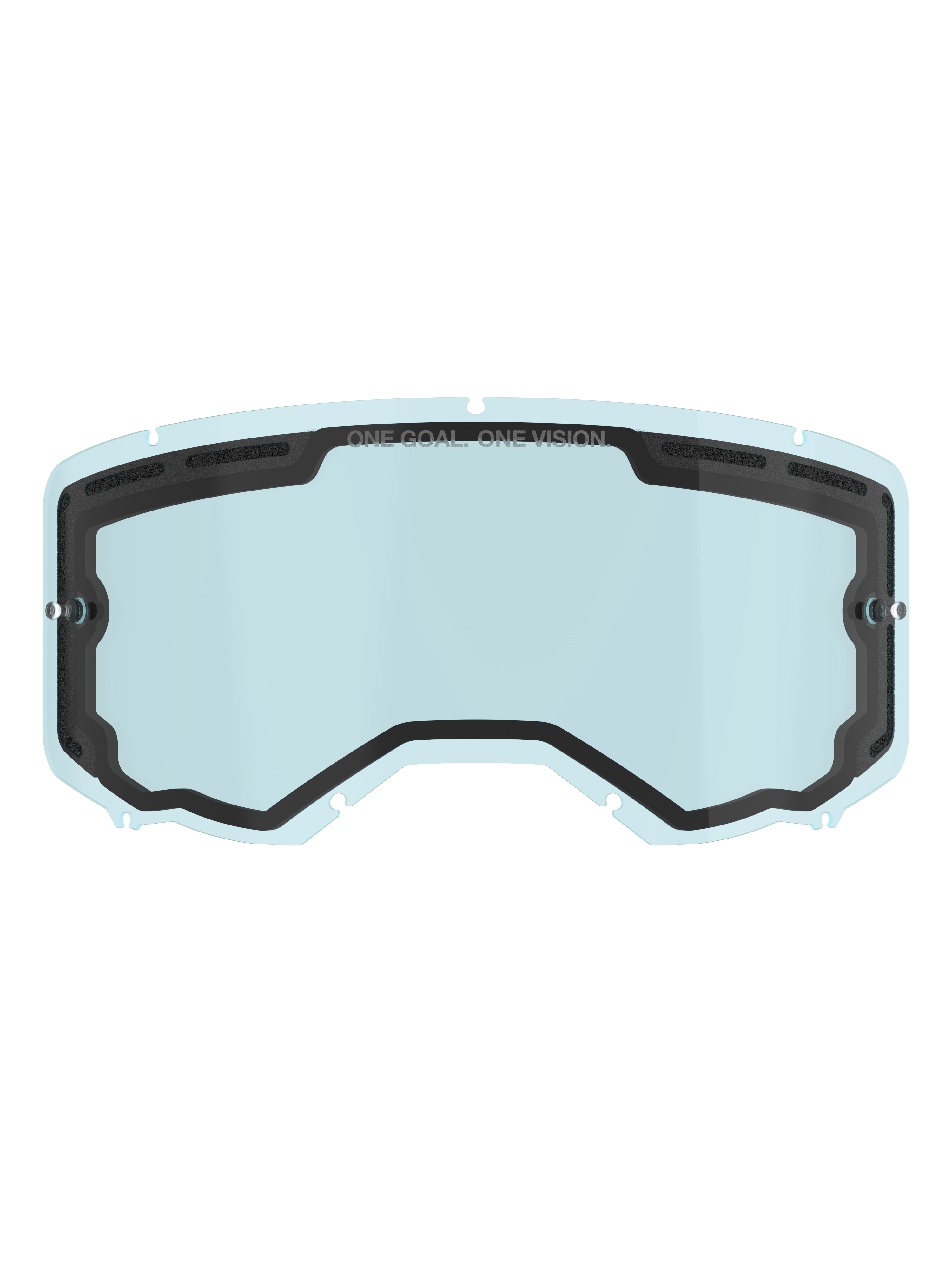 Lente Alpinestars Vision 8-5-3 Dual Pane, lente di ricambio per maschera con tonalità azzurro chiaro, guarnizione interna nera con branding "ONE GOAL. ONE VISION.", supporti laterali per tear-off, design curvo con ventilazione superiore per motocross e guida off-road