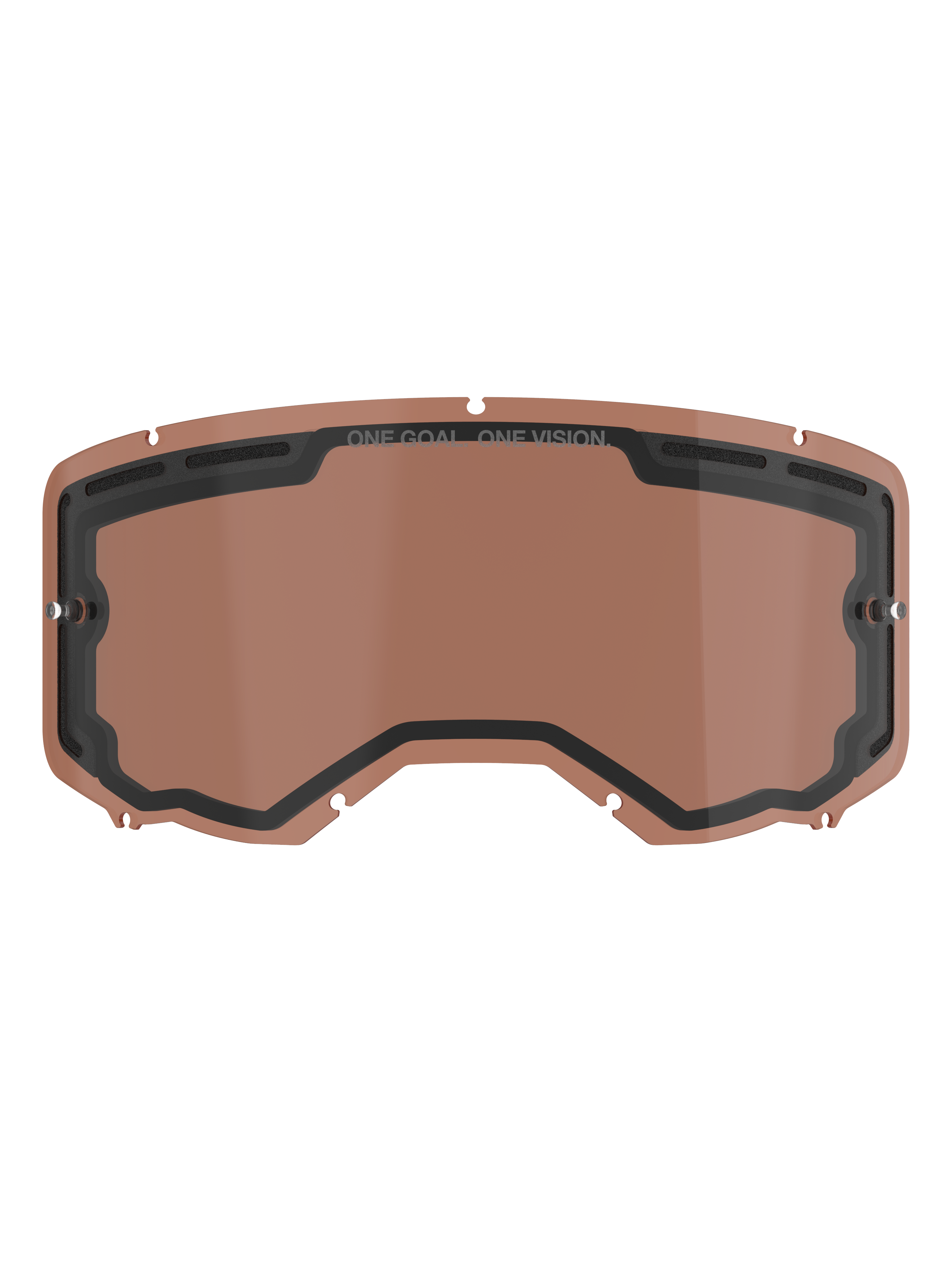 Alpinestars Vision 8-5-3 Dual Pane Vented Lens, lente di ricambio color rosa rame per occhiali da motocross, con supporti per tear-off integrati, fori di ventilazione superiori e marchio ONE GOAL ONE VISION.