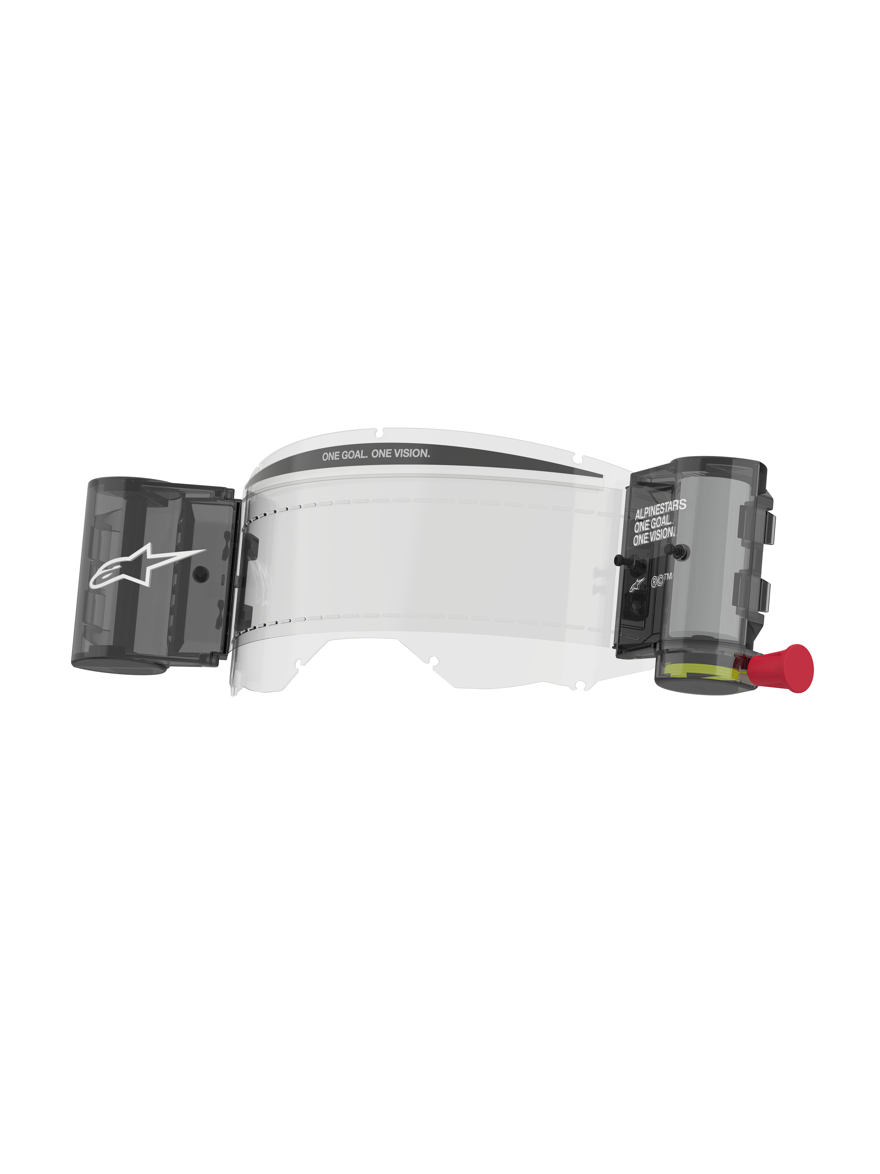 Alpinestars Vision 8-5-3 Roll Film Kit, lente trasparente per maschera, sistema roll-off integrato Wide Vision con contenitori fumé, manopola rossa, scritta 'ONE GOAL. ONE VISION.', accessorio essenziale per motocross per una visibilità nitida