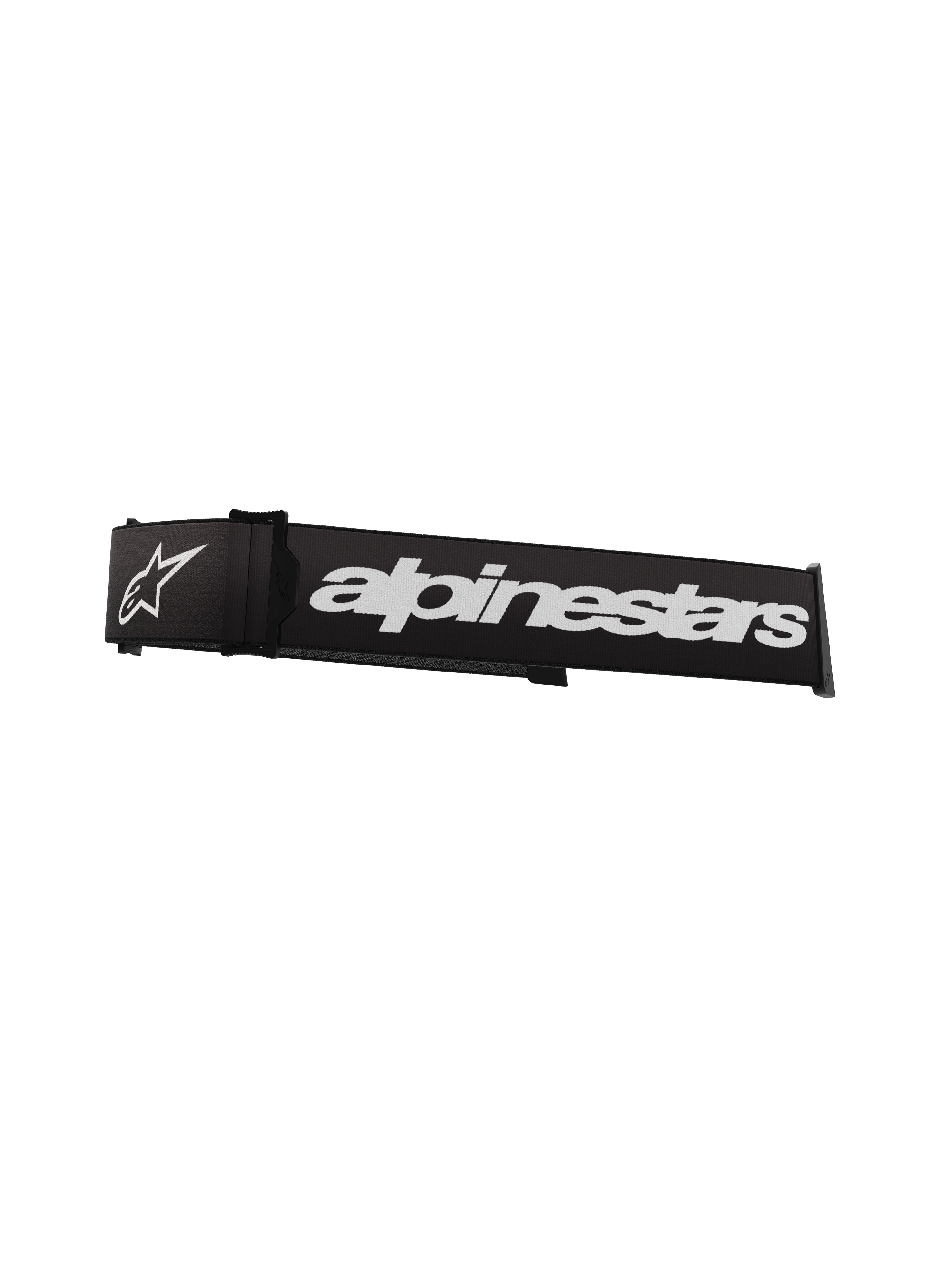 Alpinestars Supertech Goggles Strap, cinturino di ricambio da 45 mm per maschere da motocross, nero e bianco con logo a stella e scritta Alpinestars, trazione in silicone e attacco a scatto