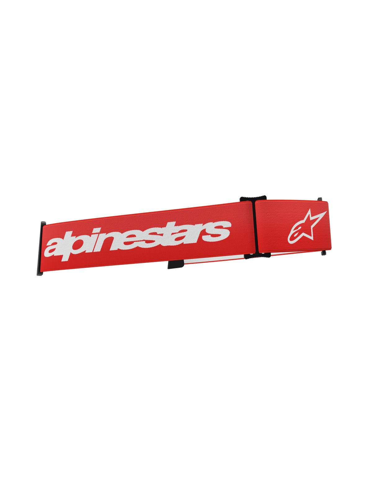 Cinturino Alpinestars Supertech Goggles, cinturino di ricambio rosso per occhiali da motocross con logo e scritta Alpinestars bianchi, dotato di clip di regolazione nere e tessuto elastico intrecciato.