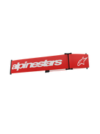 Cinturino Alpinestars Supertech Goggles, cinturino di ricambio rosso per occhiali da motocross con logo e scritta Alpinestars bianchi, dotato di clip di regolazione nere e tessuto elastico intrecciato.