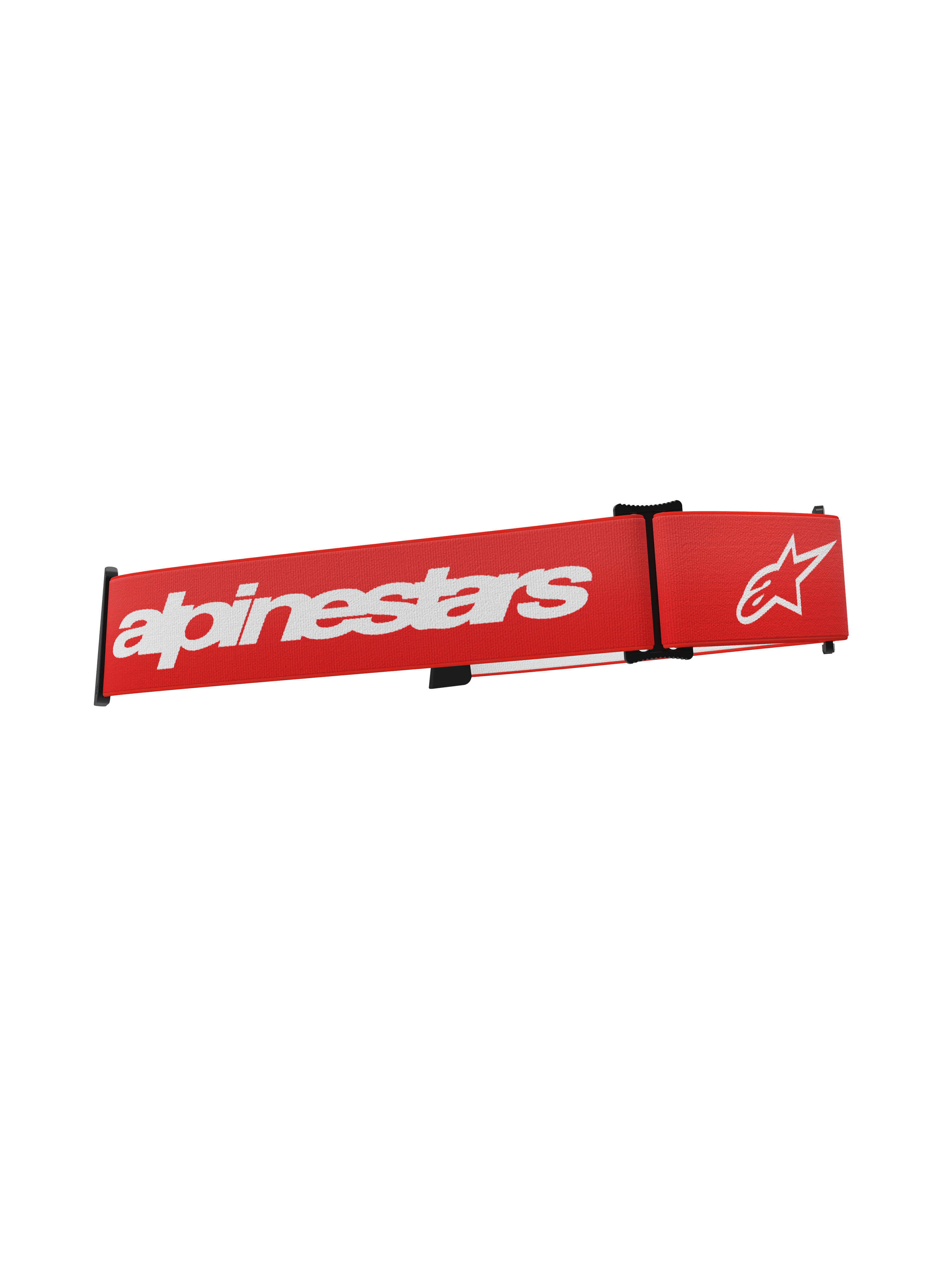 Cinturino Alpinestars Supertech Goggles, cinturino di ricambio rosso per occhiali da motocross con logo e scritta Alpinestars bianchi, dotato di clip di regolazione nere e tessuto elastico intrecciato.