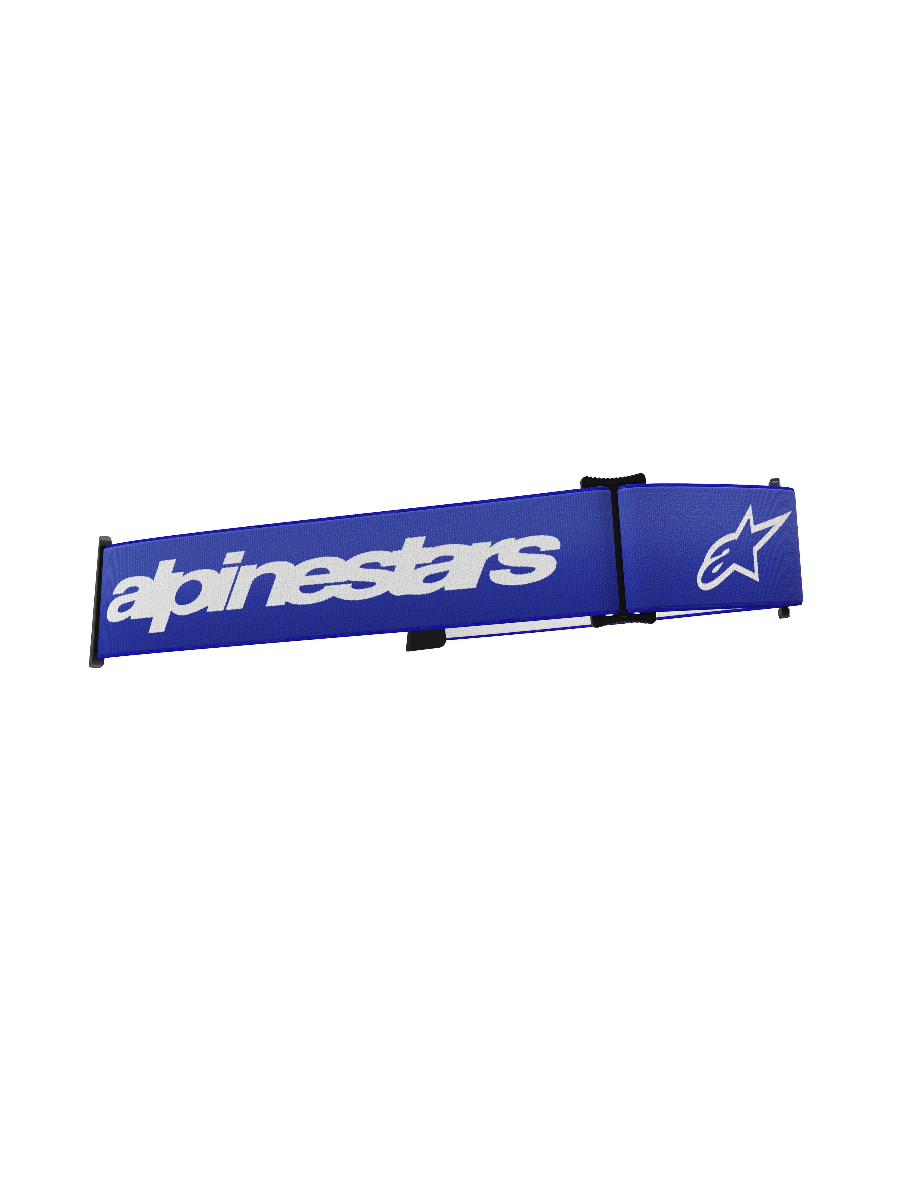 Cinturino per maschera Alpinestars Supertech, accessorio per occhiali da motocross, blu e bianco, con scritta Alpinestars e logo a stella bianchi su una fascia intrecciata blu vivace, ricambio con interfaccia a scatto per gare fuoristrada