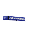 Alpinestars Supertech Goggles Strap, cinturino di ricambio per occhiali da motocross, blu e bianco, logo Alpinestars e logo a stella bianchi, cuneo ISP nero e clip di fissaggio alla montatura, trama intrecciata resistente
