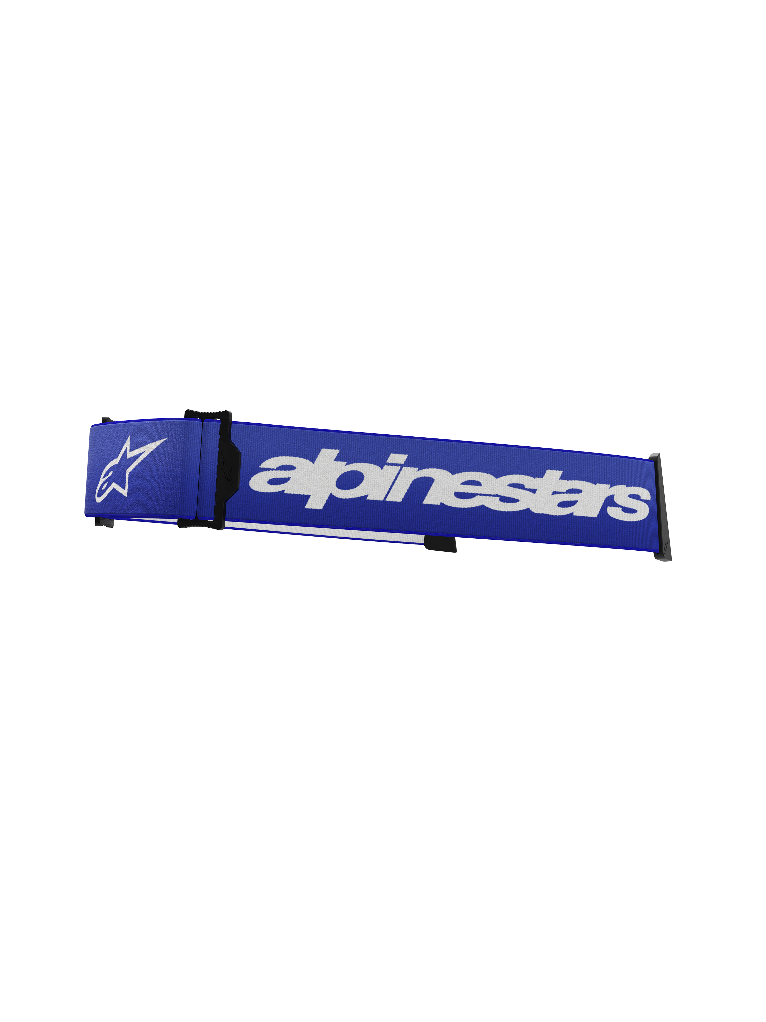 Alpinestars Supertech Goggles Strap, cinturino di ricambio per occhiali da motocross, blu e bianco, logo Alpinestars e logo a stella bianchi, cuneo ISP nero e clip di fissaggio alla montatura, trama intrecciata resistente