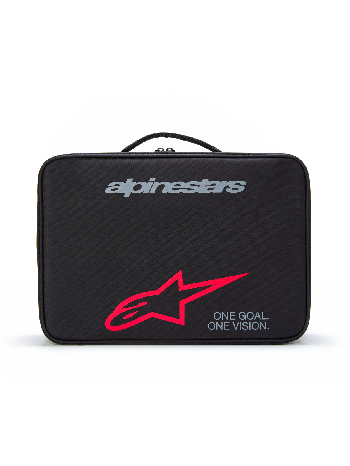 Custodia Supertech Vision Goggles Alpinestars, custodia protettiva nera con maniglia superiore, logo grigio, grande stella rossa e slogan 'ONE GOAL. ONE VISION.', custodia resistente per occhiali da motocross