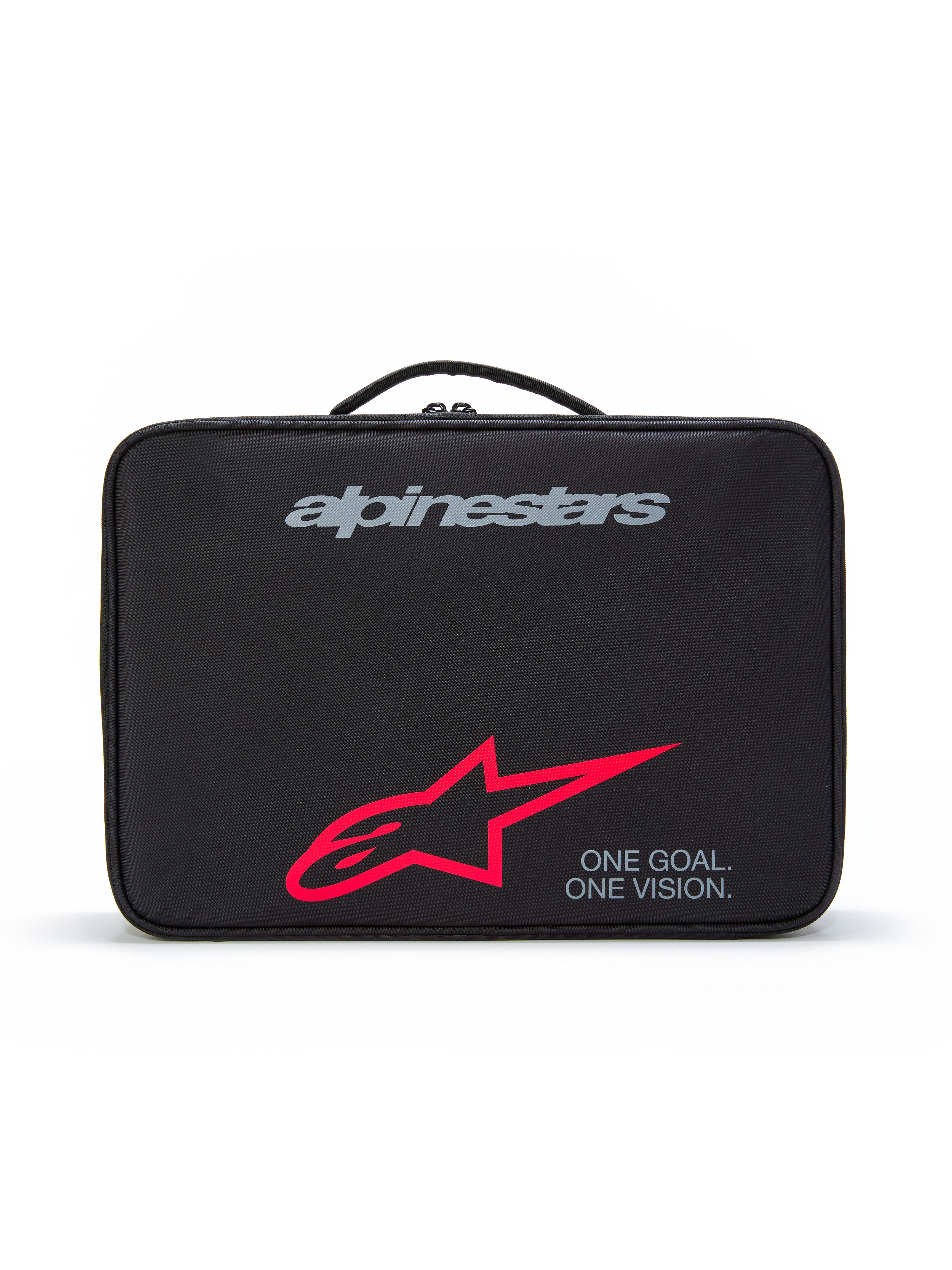 Custodia Supertech Vision Goggles Alpinestars, custodia protettiva nera con maniglia superiore, logo grigio, grande stella rossa e slogan 'ONE GOAL. ONE VISION.', custodia resistente per occhiali da motocross