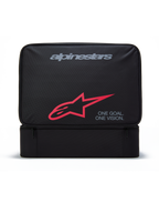 Custodia per occhiali Alpinestars Supertech Vision, borsa portaoggetti rettangolare nera per occhiali da motocross, con logo Alpinestars grigio, simbolo A-star rosso e scritta "ONE GOAL. ONE VISION.", resistente struttura in poliestere con tasca frontale con cerniera