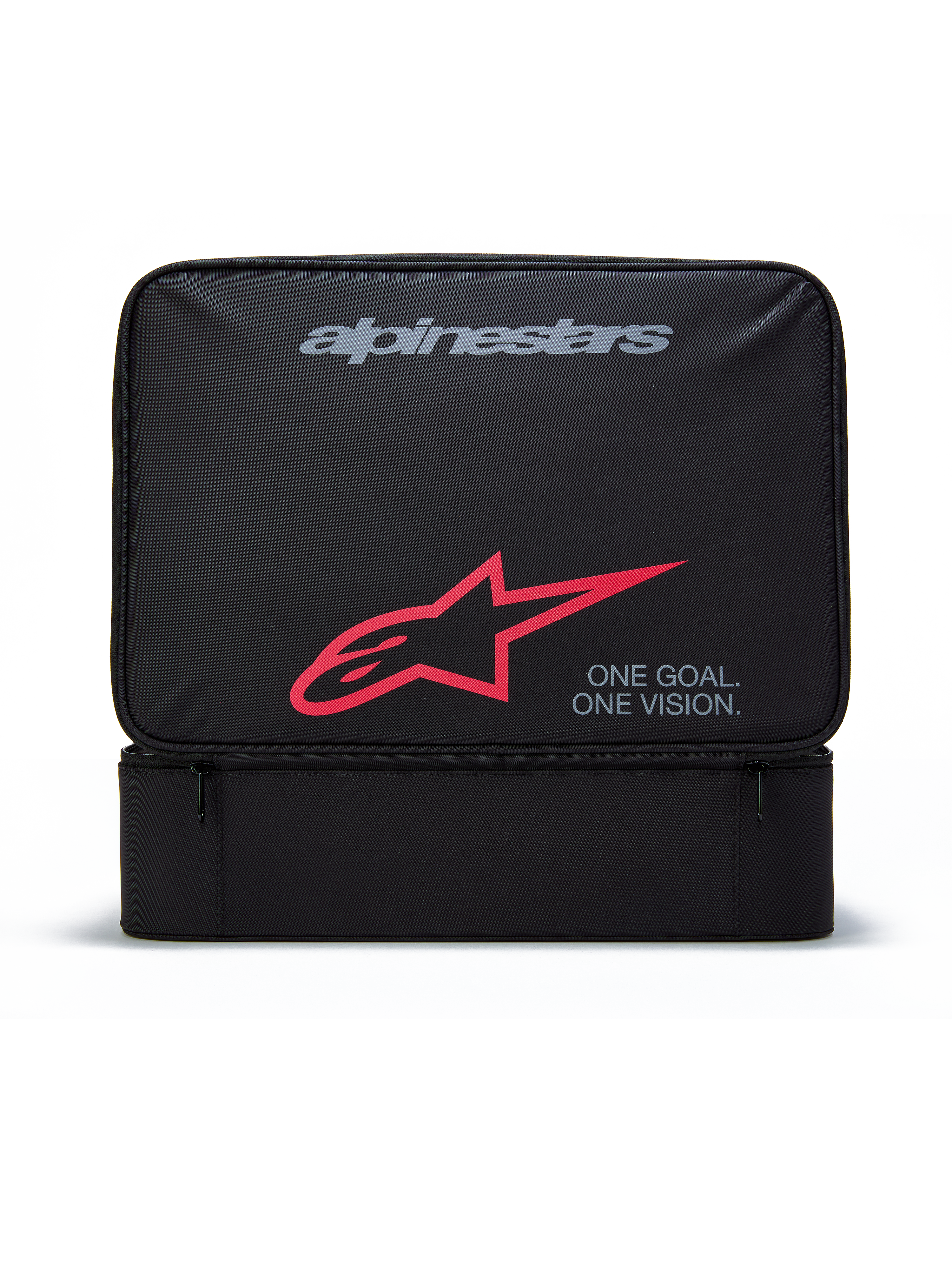 Custodia per occhiali Alpinestars Supertech Vision, borsa portaoggetti rettangolare nera per occhiali da motocross, con logo Alpinestars grigio, simbolo A-star rosso e scritta "ONE GOAL. ONE VISION.", resistente struttura in poliestere con tasca frontale con cerniera