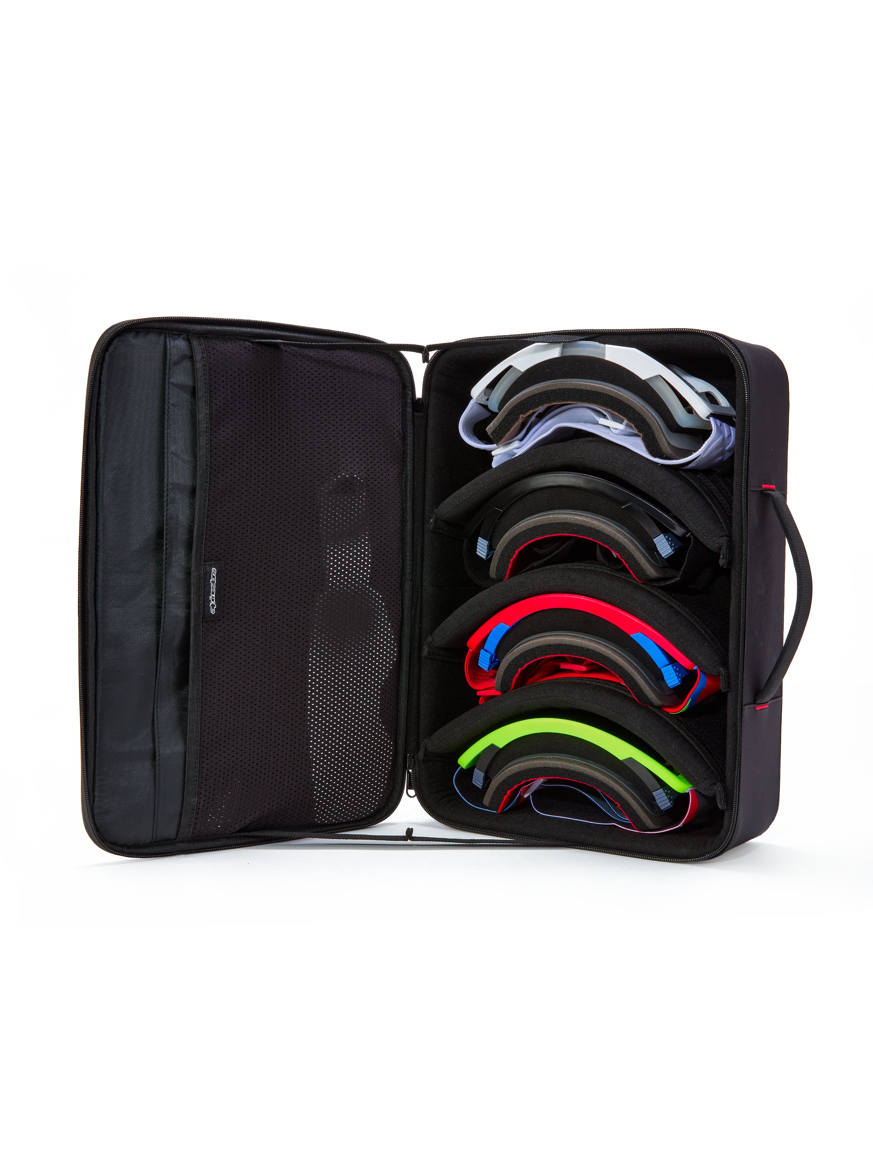 Custodia per occhiali Alpinestars Supertech Vision, nero, vista aperta che mostra lo scomparto interno per quattro paia di occhiali da motocross colorati, divisori modulari e tasche in rete sul coperchio, design a valigetta strutturata per la protezione degli occhiali