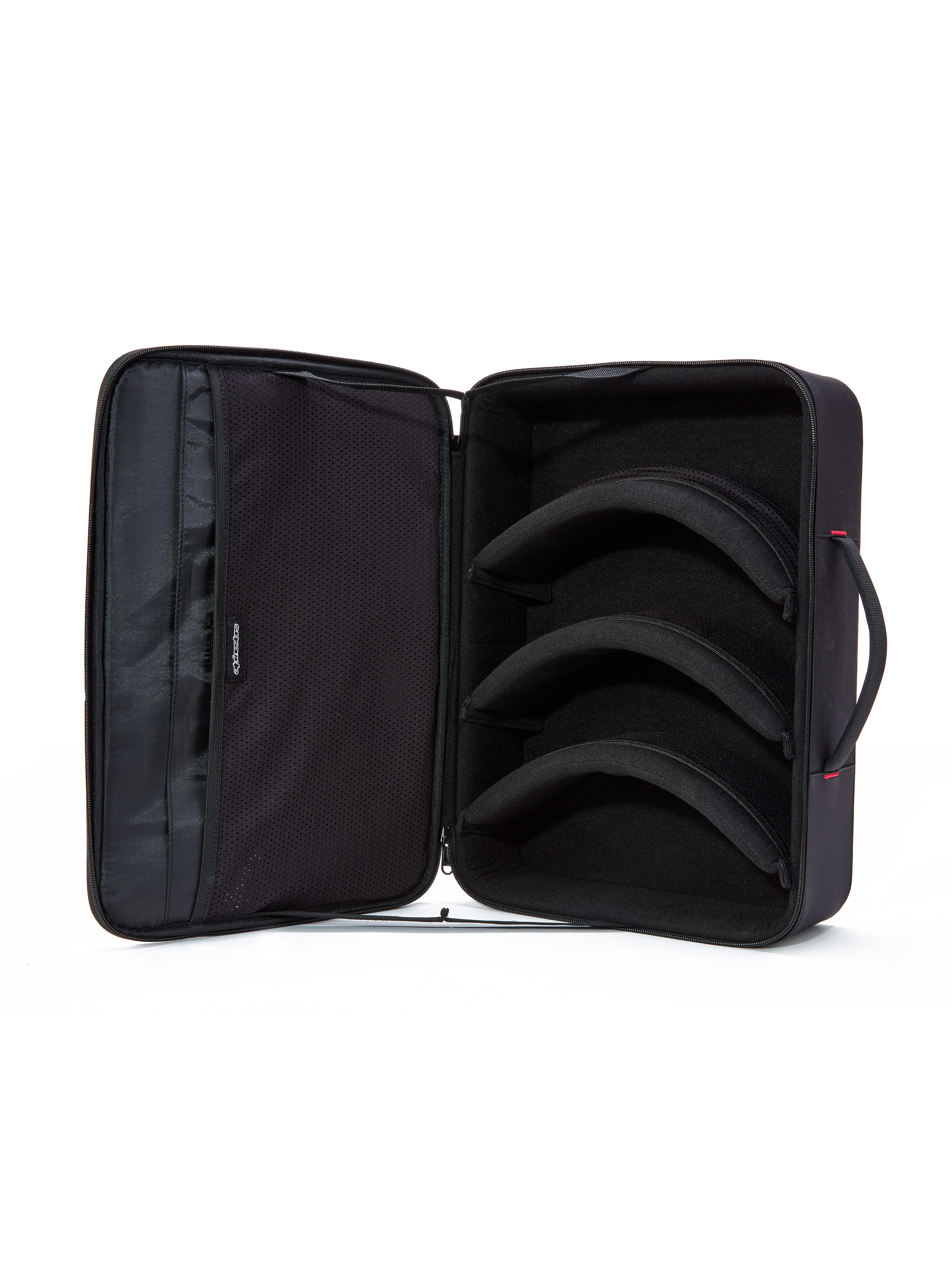 Alpinestars Custodia per Occhiali Supertech Vision, nero, vista interna aperta, tre divisori modulari pre-curvati per riporre lenti e occhiali, tasche del coperchio in morbida rete per accessori, design orizzontale a valigetta con maniglia imbottita, organizzatore protettivo per attrezzatura da motocross