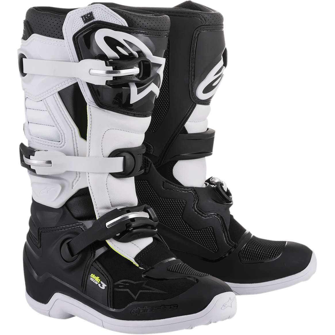 Alpinestars Stella Tech 3, stivali da motocross da donna, nero e bianco, con sistema di chiusura a tre fibbie, placche tibiali in TPU bianco con logo Alpinestars, tomaia in microfibra nera con pannelli bianchi, suole bianche, calzature protettive performanti per motocicliste