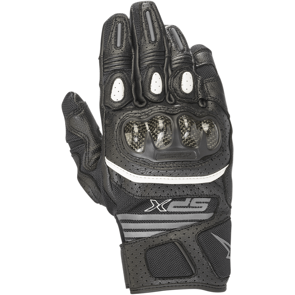 Guanti Alpinestars SPX Air Carbon V2 da donna, nero e antracite, guanti da moto a polsino corto con protezione nocche in fibra di carbonio, pelle traforata e pannelli in mesh per la ventilazione, striscia bianca e logo SPX.