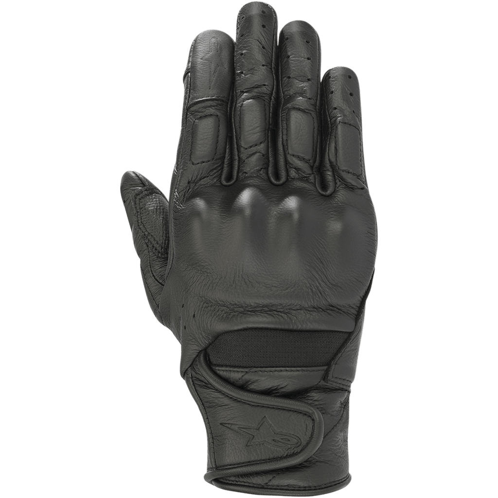 Alpinestars Stella Vika V2, guanti da moto da donna in pelle nera, con dita traforate per la ventilazione, protezione viscoelastica sulle nocche e polsino corto con chiusura in velcro e logo a stella
