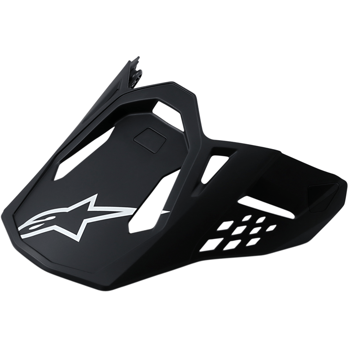 Visiera Alpinestars Supertech M10/M8, frontino di ricambio per casco da motocross, finitura nero opaco, logo stella bianco, design aerodinamico con fori di ventilazione