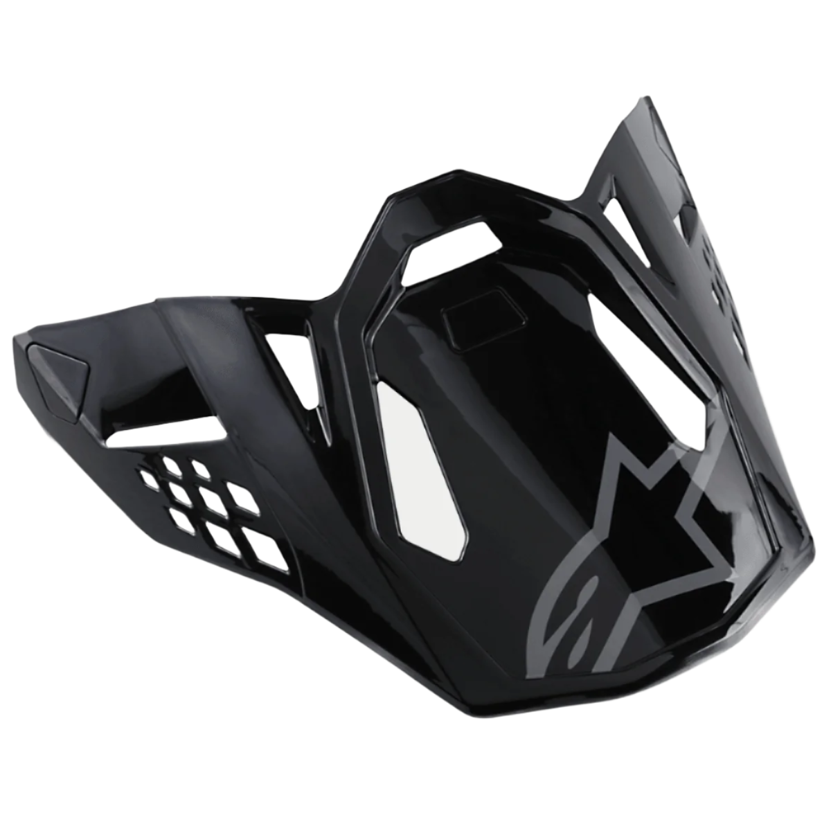 Alpinestars S-M8 Helmet Visor Radium, frontino per casco da moto nero lucido con logo Alpinestars grigio, con aperture angolari aerodinamiche e bordi affilati, stile racing moderno per caschi off-road