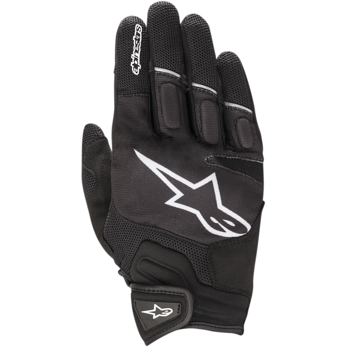 Guanti Alpinestars Atom, guanti da moto leggeri, nero e bianco, con un grande logo a stella bianco sul dorso, pannelli in mesh per la ventilazione, nocche imbottite e chiusura sicura a strappo sul polso
