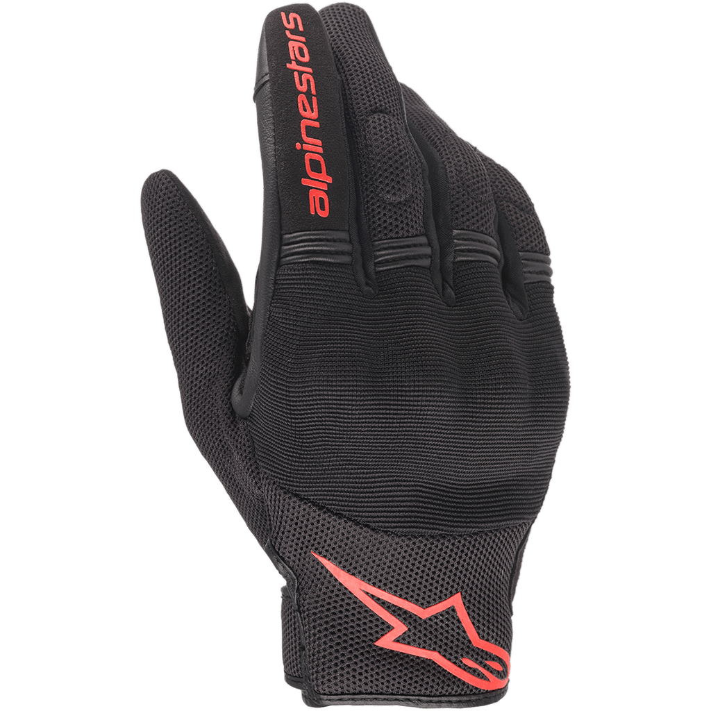 Guanti Alpinestars Copper, guanti da moto urban, nero e rosso fluo, con logo e scritta Astars rossi, costruzione in mesh e spandex con nocche imbottite, abbigliamento leggero per pendolari