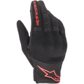Guanti Alpinestars Copper, guanti da moto urban, nero e rosso fluo, con logo e scritta Astars rossi, costruzione in mesh e spandex con nocche imbottite, abbigliamento leggero per pendolari