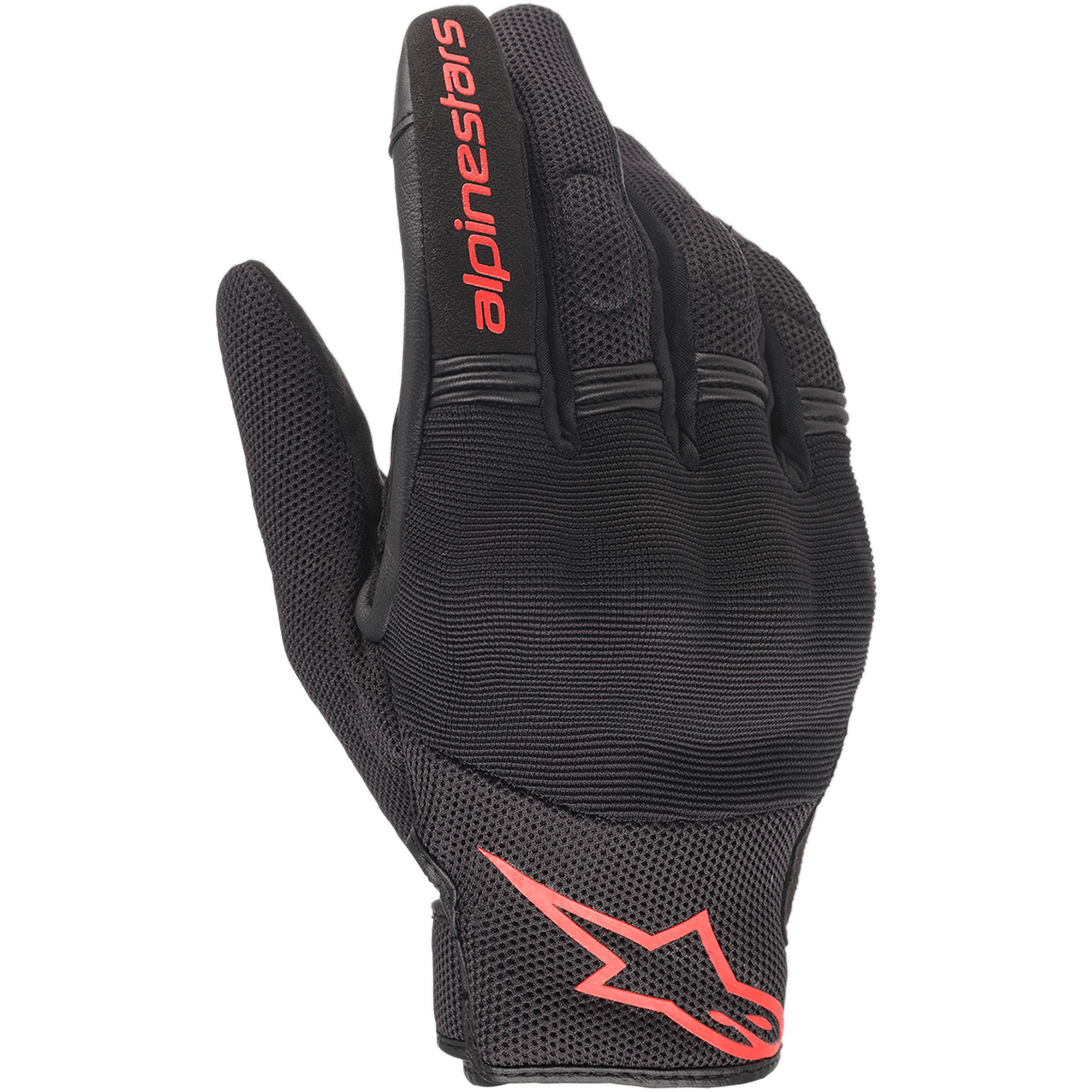 Guanti Alpinestars Copper, guanti da moto urban, nero e rosso fluo, con logo e scritta Astars rossi, costruzione in mesh e spandex con nocche imbottite, abbigliamento leggero per pendolari
