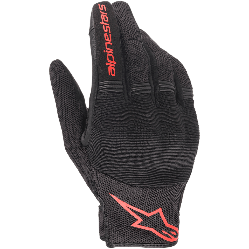 Guanti Alpinestars Copper, guanti da moto urban, nero e rosso fluo, con logo e scritta Astars rossi, costruzione in mesh e spandex con nocche imbottite, abbigliamento leggero per pendolari