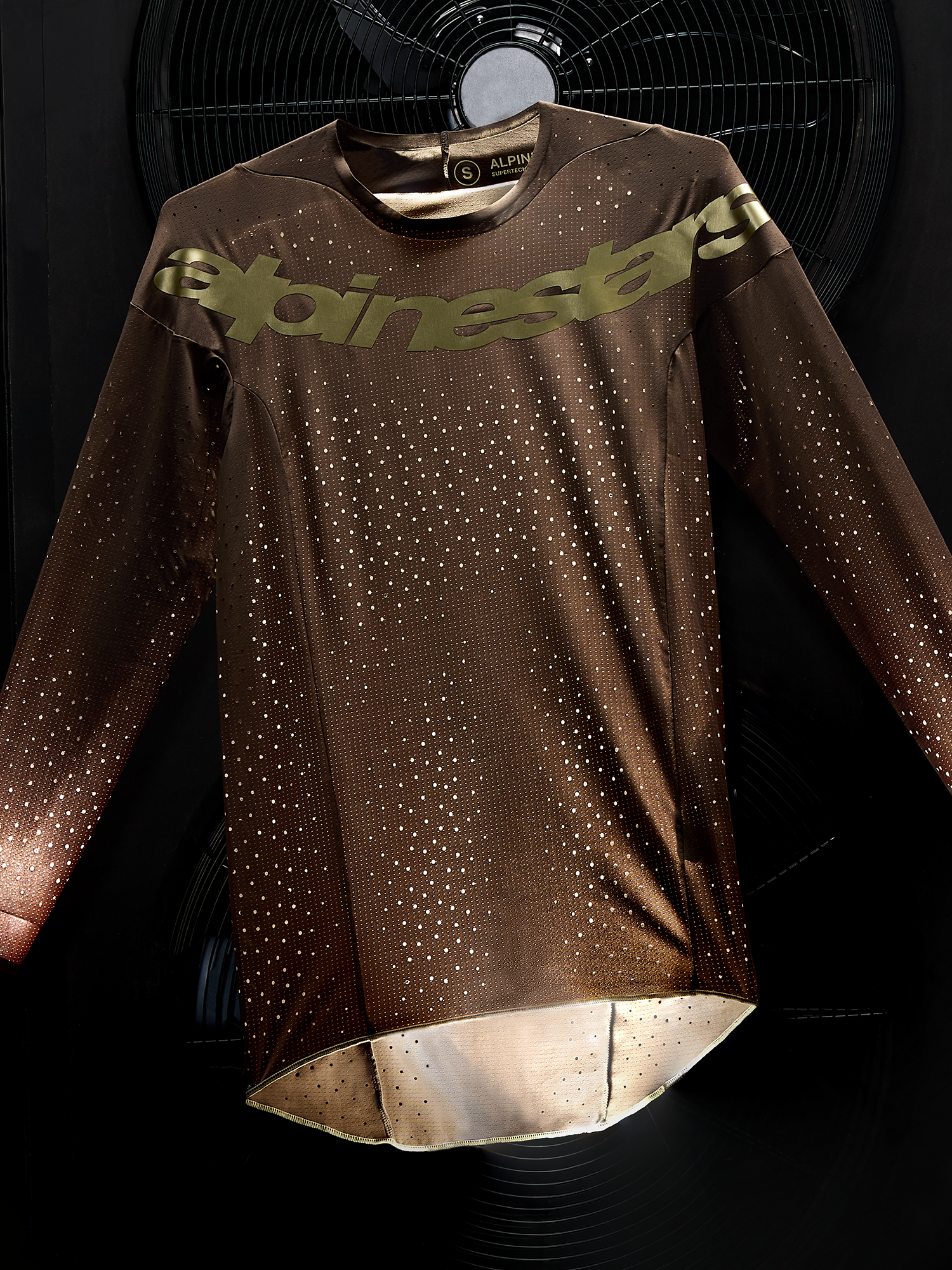 Alpinestars Supertech Air Gold Motocross Jersey, Brown and Gold, ventilated mesh construction with laser-cut perforations.