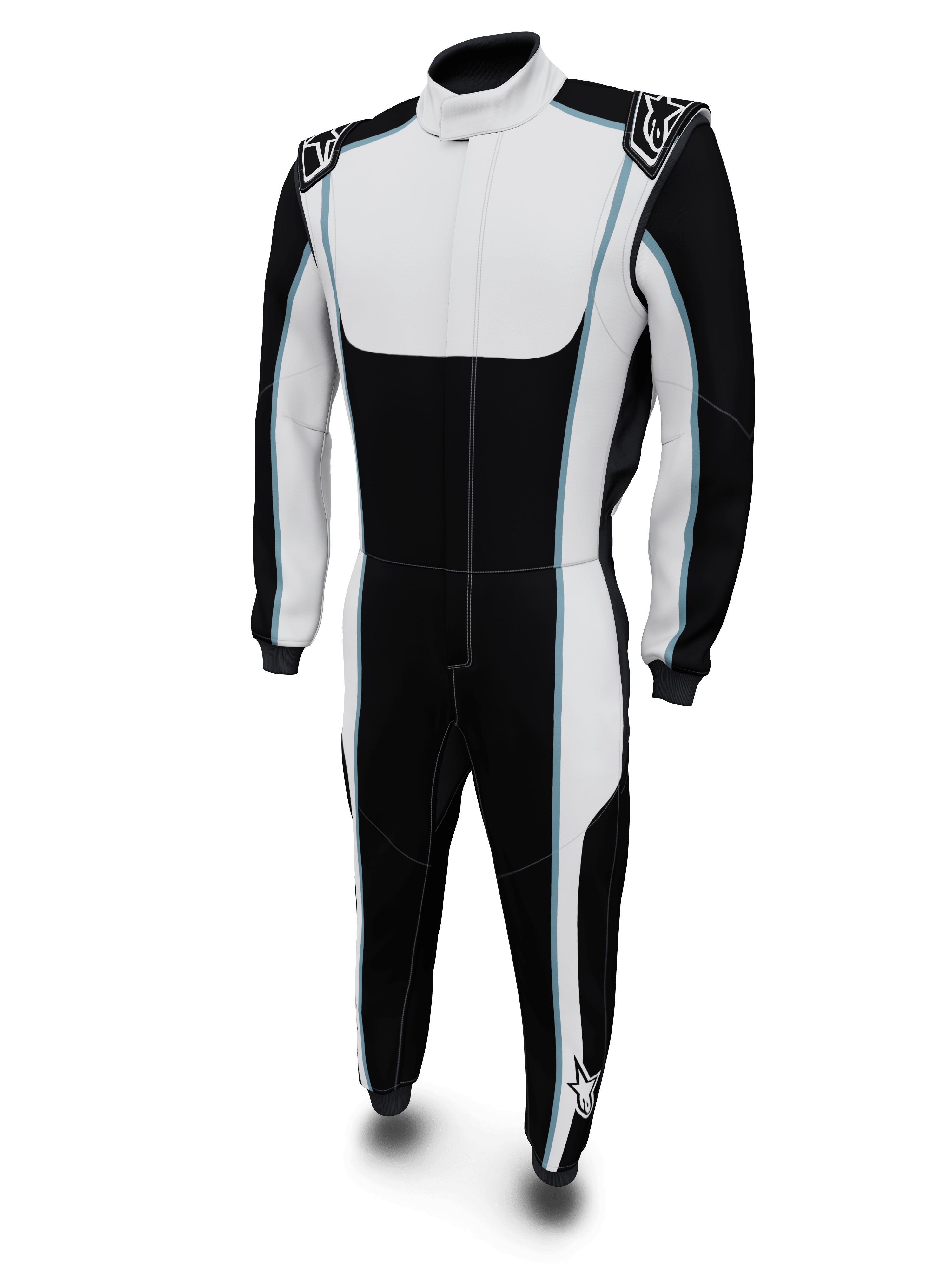Alpinestars Tech Vision V3 Custom, tuta da corsa auto nera e bianca con dettagli blu, in Nomex certificata FIA