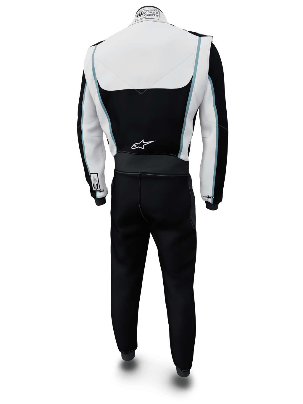 Alpinestars Tech Vision V3 Custom Suit, tuta da auto racing, bianco e nero con accenti azzurri, vista posteriore, con logo Alpinestars sulla parte bassa della schiena ed etichetta di certificazione FIA sul colletto, abbigliamento da corsa professionale ignifugo con costruzione in Nomex