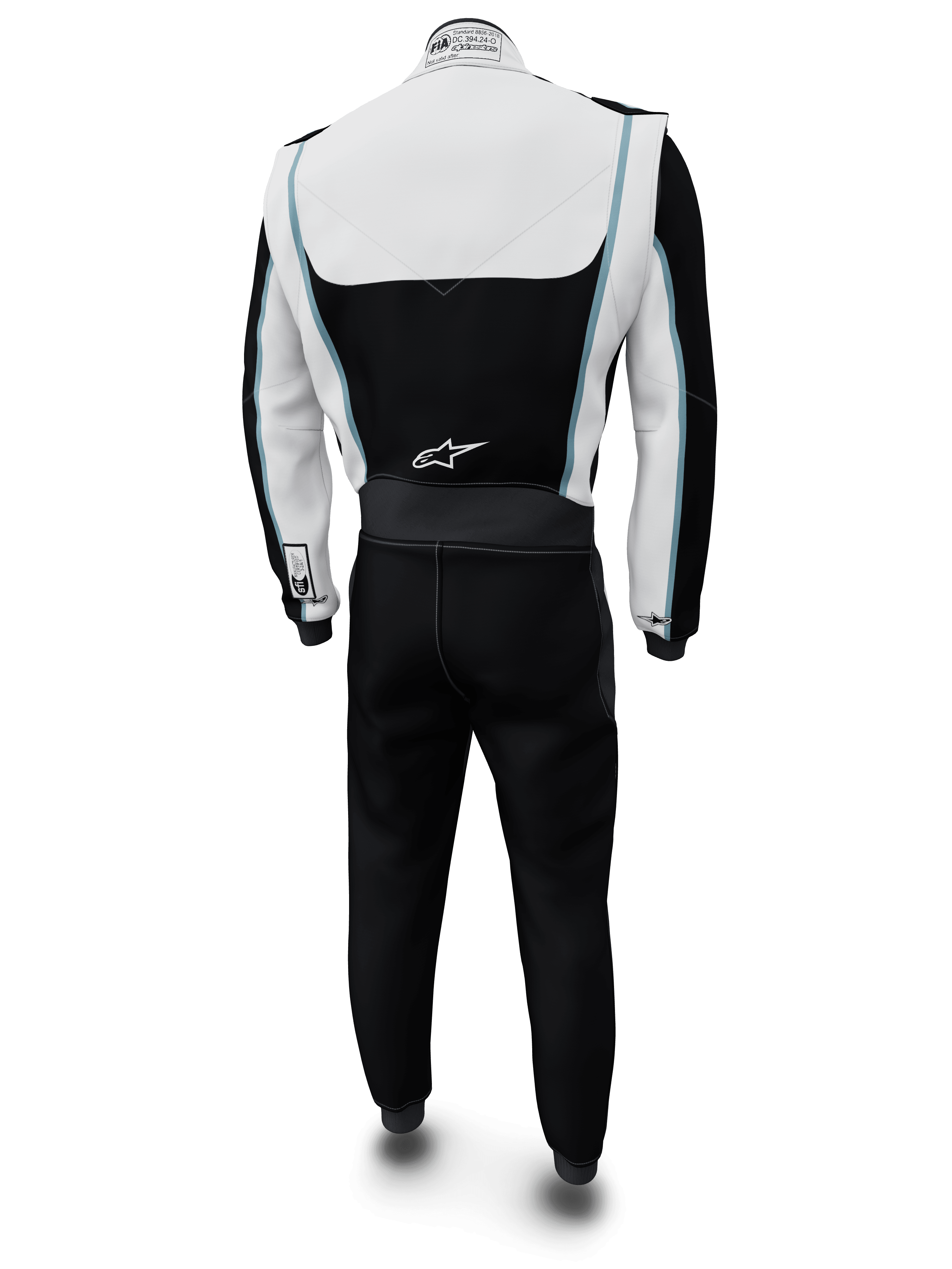 Alpinestars Tech Vision V3 Custom Suit, tuta da auto racing, bianco e nero con accenti azzurri, vista posteriore, con logo Alpinestars sulla parte bassa della schiena ed etichetta di certificazione FIA sul colletto, abbigliamento da corsa professionale ignifugo con costruzione in Nomex