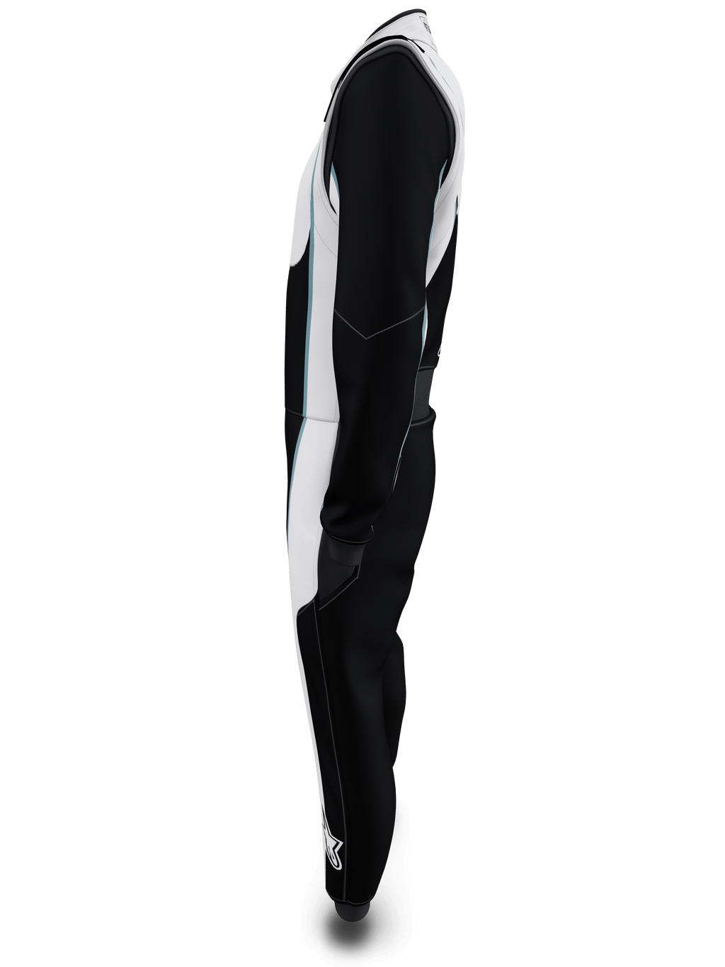 Alpinestars Tuta Custom Tech Vision V3, vista laterale, nero e bianco con accenti azzurri, tuta da corsa professionale certificata FIA e SFI, costruzione leggera in Nomex