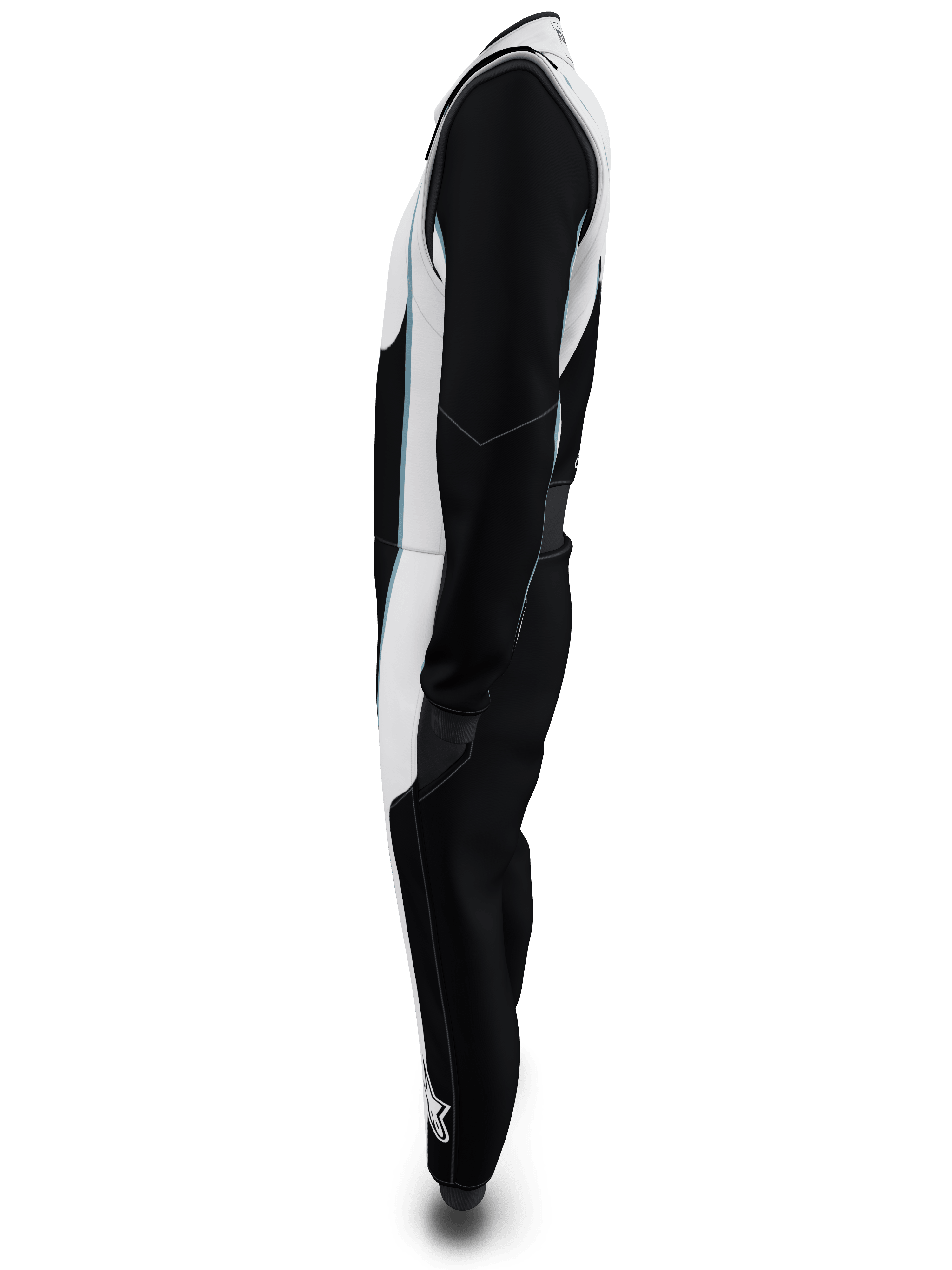 Alpinestars Tuta Custom Tech Vision V3, vista laterale, nero e bianco con accenti azzurri, tuta da corsa professionale certificata FIA e SFI, costruzione leggera in Nomex