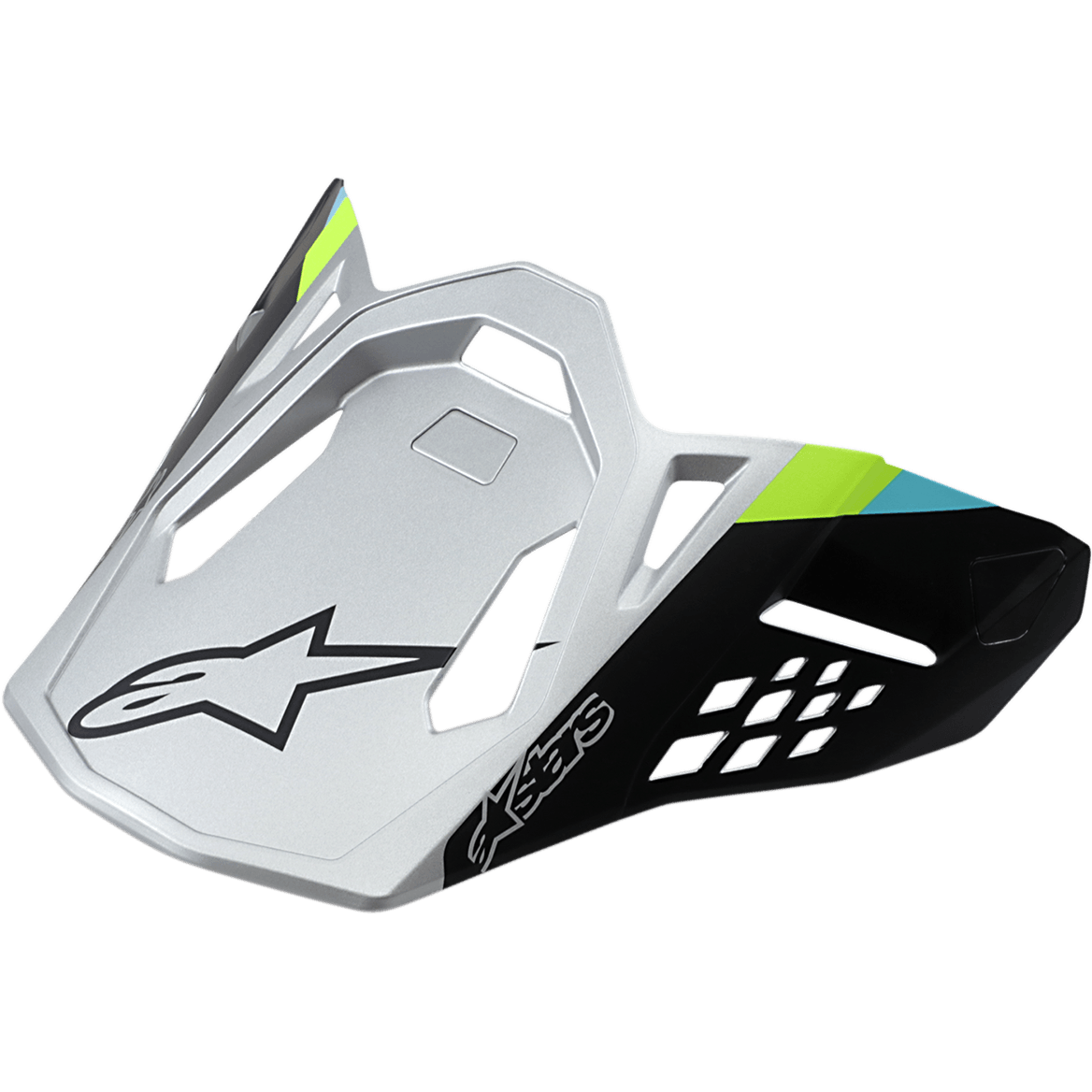 Alpinestars Visiera Supertech M8 Contact, argento opaco e nero, accenti verde lime e ciano, design aerodinamico angolare con logo a stella nero, aperture di ventilazione geometriche, visiera di ricambio per caschi da motocross