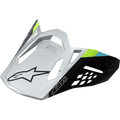 Alpinestars Visiera Supertech M8 Contact, argento opaco e nero, accenti verde lime e ciano, design aerodinamico angolare con logo a stella nero, aperture di ventilazione geometriche, visiera di ricambio per caschi da motocross