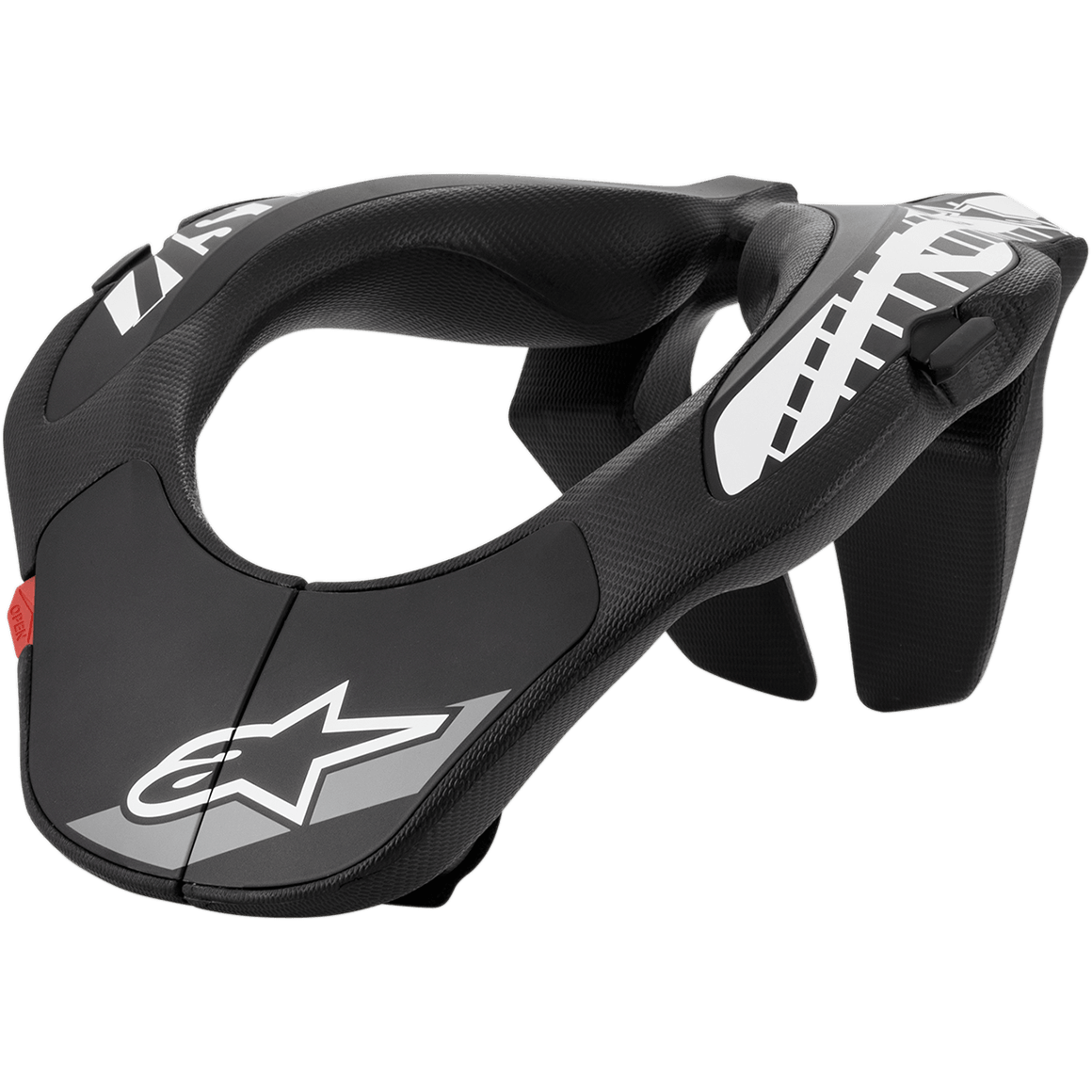 Alpinestars Youth Neck Support, collare protettivo da motocross per ragazzi, nero con grafiche bianche e linguetta rossa, design ergonomico con superficie testurizzata, equipaggiamento protettivo per giovani piloti
