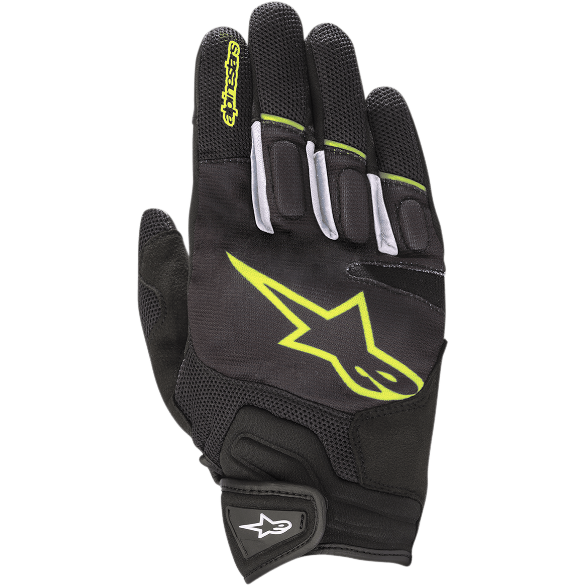 Guanti Alpinestars Atom, guanti da moto stradali leggeri, nero e giallo fluorescente, guscio in mesh per la circolazione dell'aria, grande logo giallo fluorescente sul dorso, dettagli bianchi sulle dita e cinturino a strappo sul polso per uso urbano.
