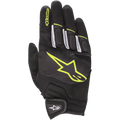 Guanti Alpinestars Atom, guanti da moto stradali leggeri, nero e giallo fluorescente, guscio in mesh per la circolazione dell'aria, grande logo giallo fluorescente sul dorso, dettagli bianchi sulle dita e cinturino a strappo sul polso per uso urbano.