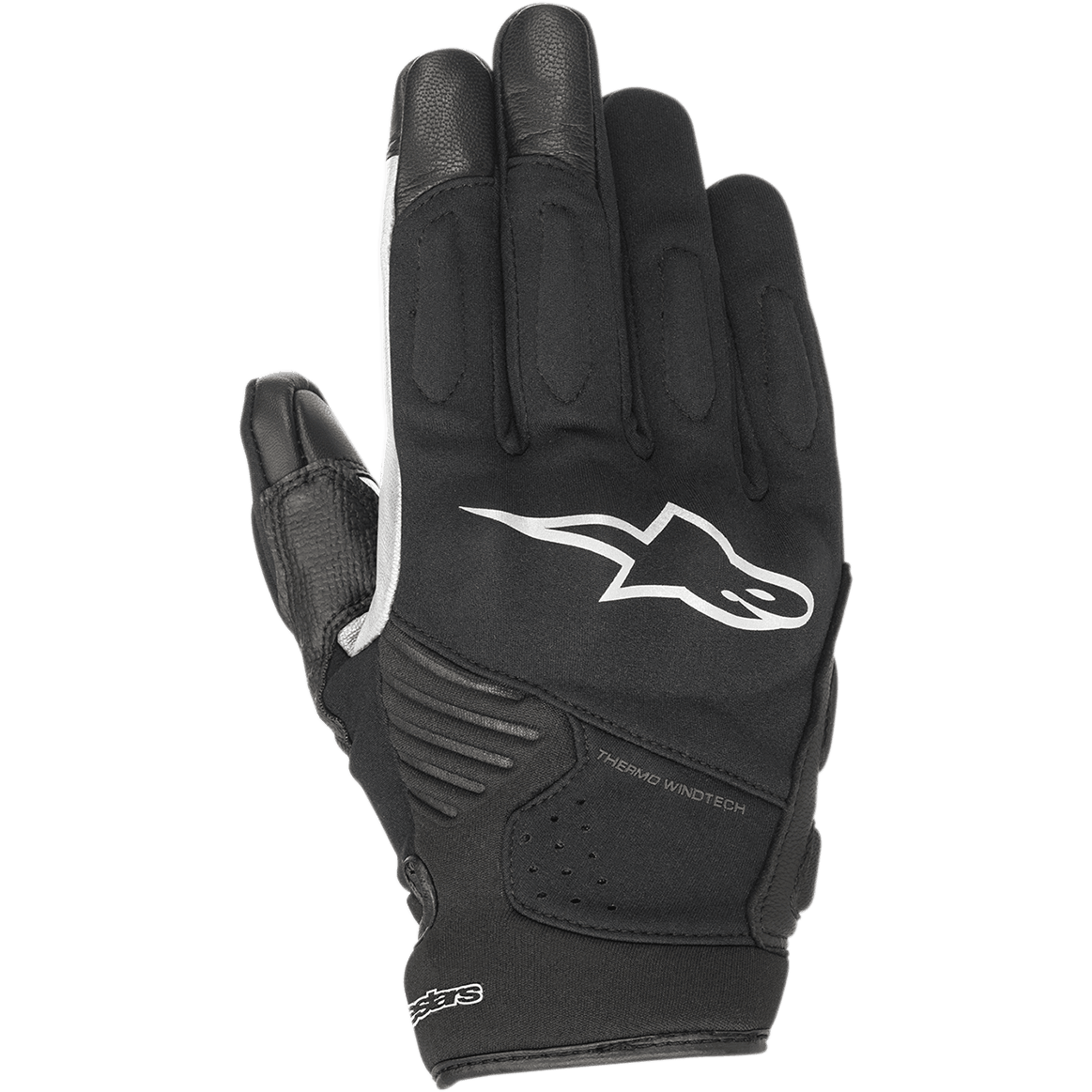 Alpinestars Faster Gloves, guanti da moto neri con logo bianco, tecnologia Thermo Windtech, nocche imbottite, costruzione in softshell multimateriale, design urbano a polsino corto.