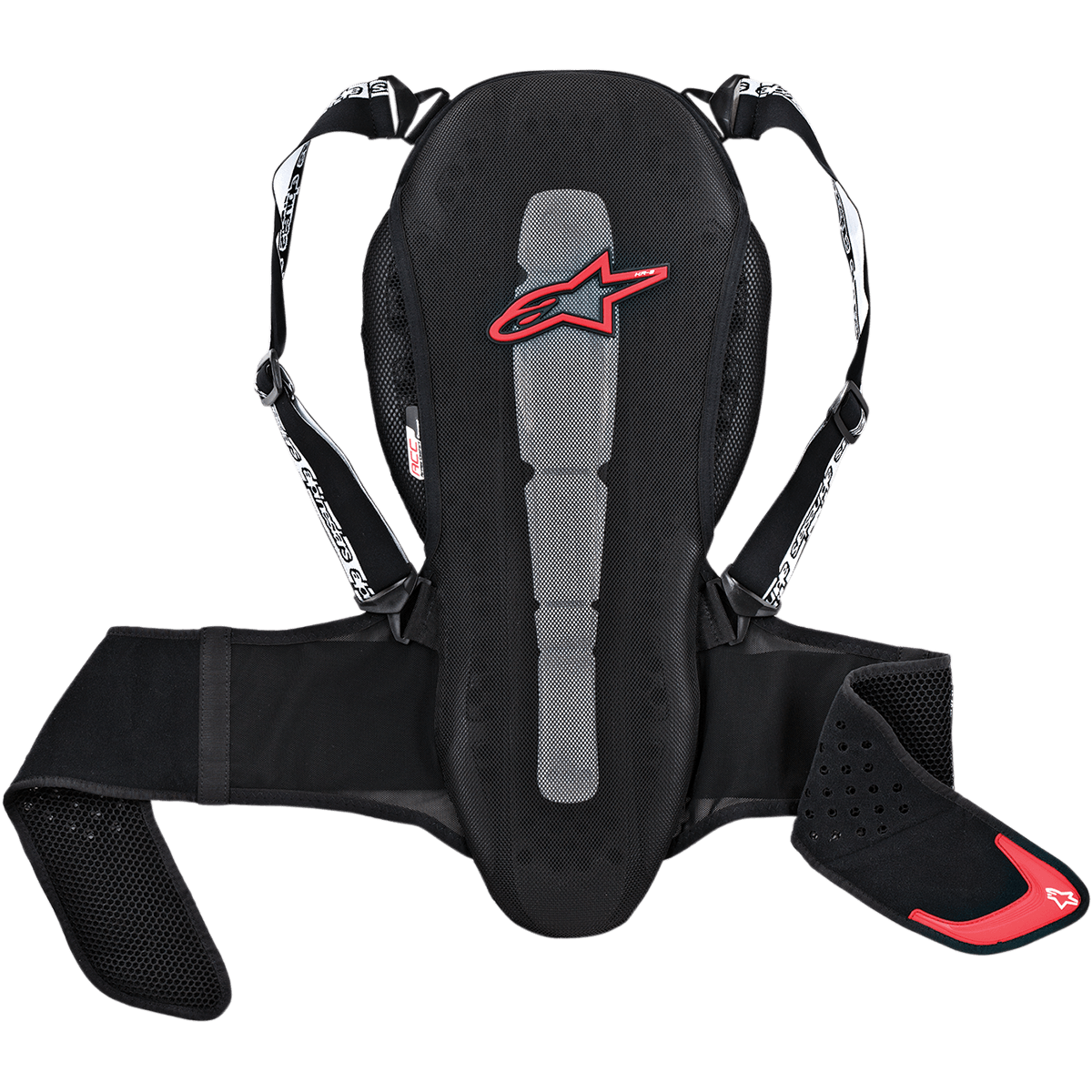 Alpinestars Nucleon Kr-2 Back Protector, protezione dorsale da moto, nero con logo a stella rosso, costruzione in mesh con pannello centrale grigio, spallacci e fascia addominale regolabili, design ergonomico con imbottiture laterali traforate