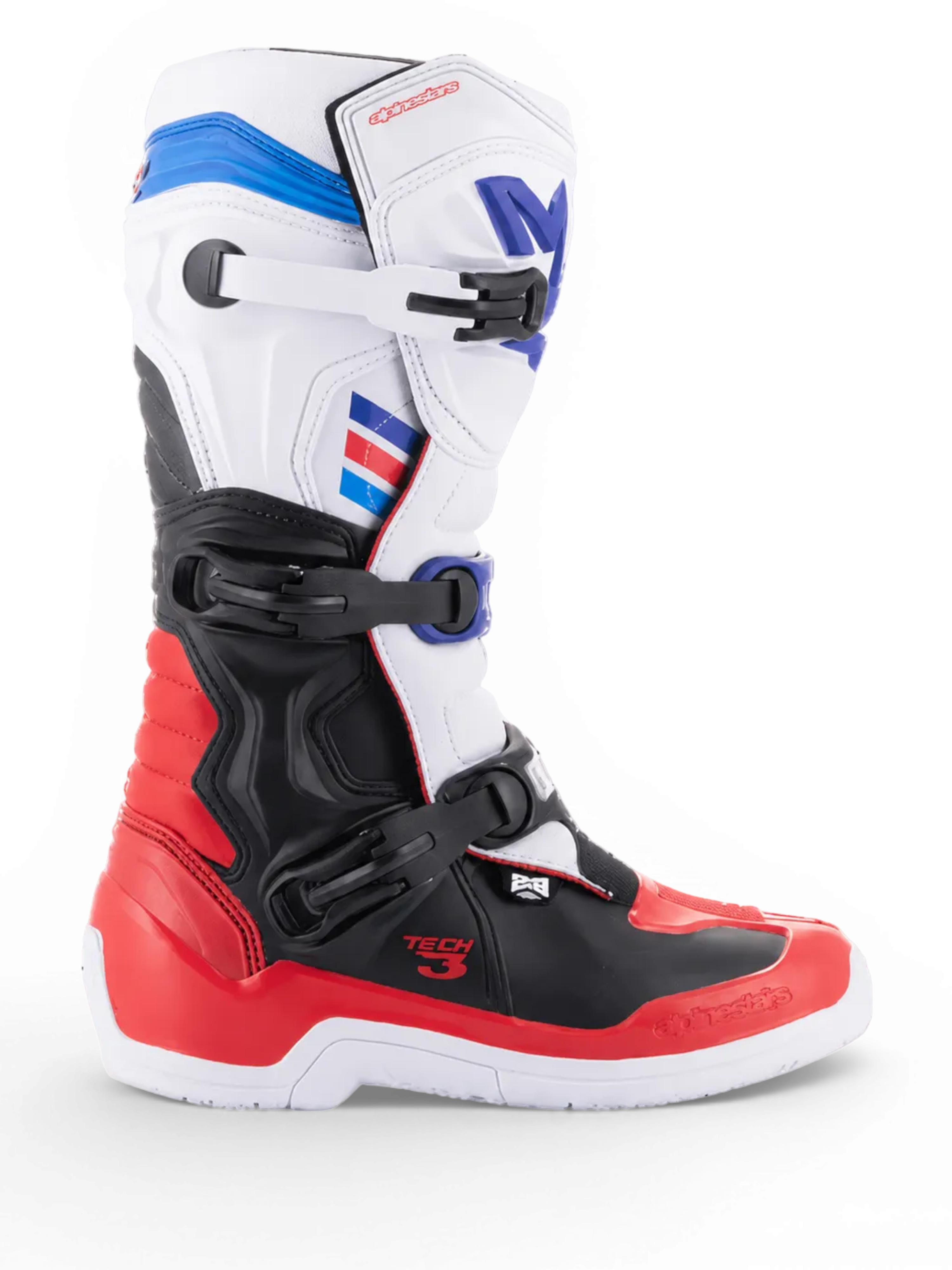 Alpinestars Stivali Tech 3, stivali da motocross bianchi con dettagli rosso brillante e blu scuro, protezioni in TPU nere, chiusura a tre fibbie, vista laterale