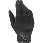 Guanti Alpinestars Stella Copper da donna, guanti da moto neri, vista del dorso con struttura in mesh e tessuto, pannelli a fisarmonica sulle dita, scritta Alpinestars sull'indice e logo a stella sul polso, design urbano leggero