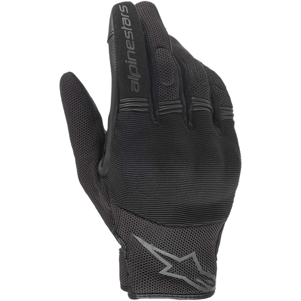 Guanti Alpinestars Stella Copper da donna, guanti da moto neri, vista del dorso con struttura in mesh e tessuto, pannelli a fisarmonica sulle dita, scritta Alpinestars sull'indice e logo a stella sul polso, design urbano leggero