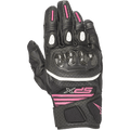 Guanti Alpinestars Women's SPX Air Carbon V2, guanti da moto a polsino corto in nero e fucsia, con protezione delle nocche in fibra di carbonio, costruzione in pelle traforata e mesh, finiture bianche e logo fucsia sul polso