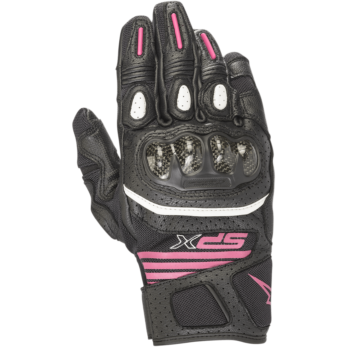 Guanti Alpinestars Women's SPX Air Carbon V2, guanti da moto a polsino corto in nero e fucsia, con protezione delle nocche in fibra di carbonio, costruzione in pelle traforata e mesh, finiture bianche e logo fucsia sul polso