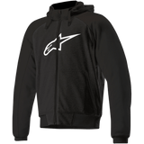 The Alpinestars EU Chrome Sport Hoodie is a sleek and minimalistic black hooded sweatshirt with long sleeves, featuring a white stylized logo on the chest. It includes a front zipper and two side pockets. Designed for urban riding, it also offers optional Nucleon Flex Plus protectors for enhanced safety.