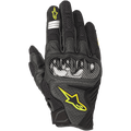 Guanti Alpinestars SMX-1 Air V2, guanti da moto, nero con accenti giallo fluorescente, protezione nocche in fibra di carbonio, costruzione in mesh e pelle traforata per la traspirabilità, logo Astars giallo e dettagli riflettenti argento sull'indice